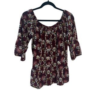 Alya Eggplant Floral Bell Sleeve Blouse. Size L  327